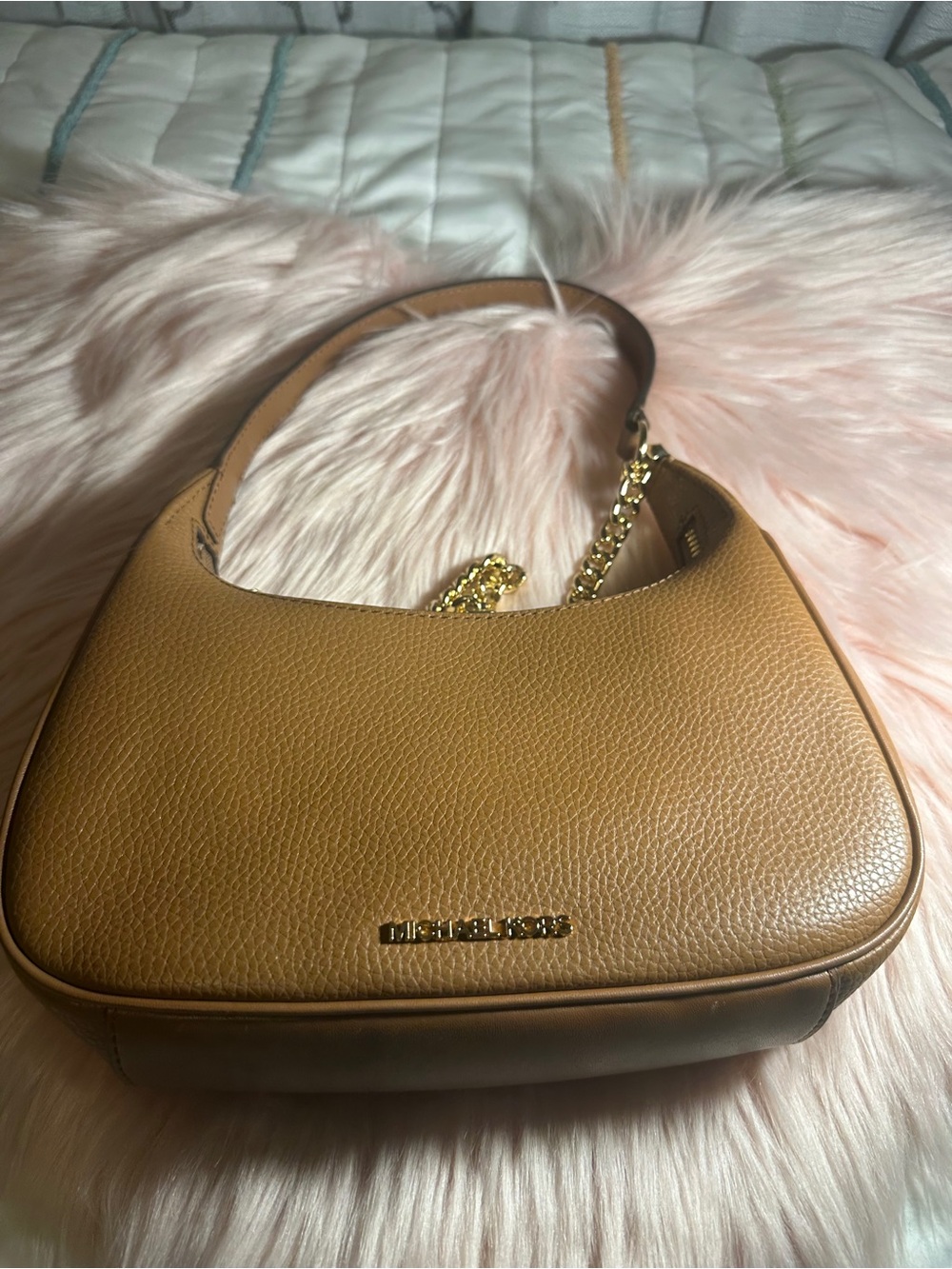 Michael Kors Cognac Pebbled Leather Shoulder Bag with Gold Chain
